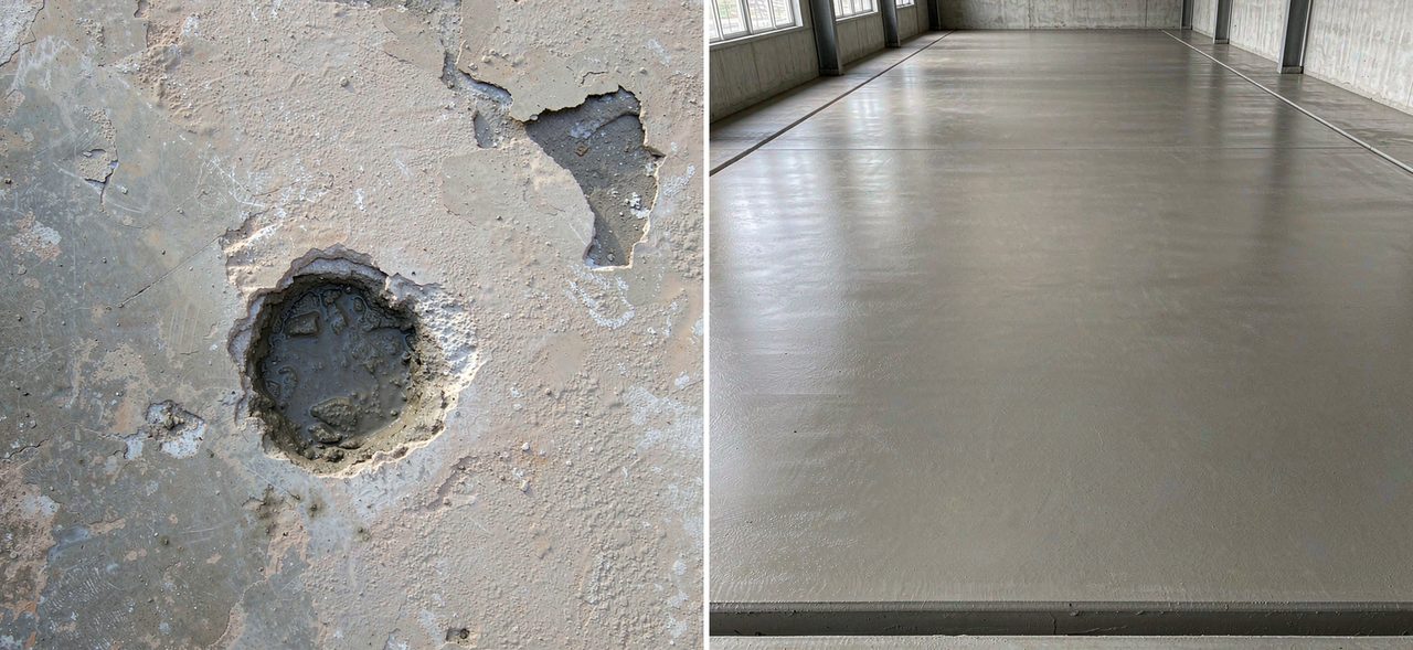 水泥基面孔洞缺陷修补前后对比示意:左侧表面坑洞、起皮、脱壳,右侧修补后平整致密