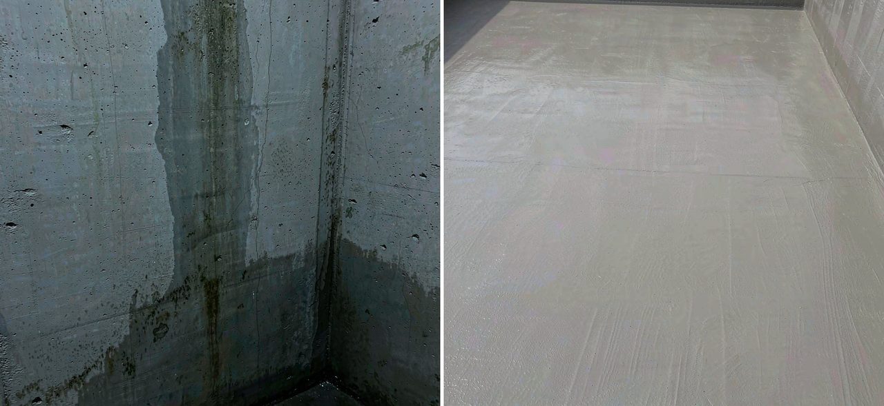 地下结构防水处理前后对比示意:左侧墙面有渗水返潮的湿润痕迹,右侧经过刚性防水处理后表面干燥致密、无渗漏痕迹